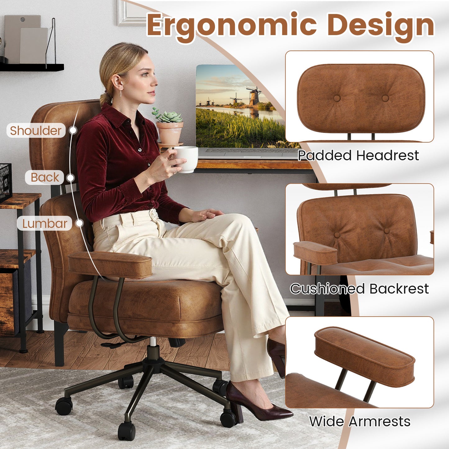 Ergonomic Home Office Chair Suede Fabric with Adjustable Back and Detachable Armrests-Coffee