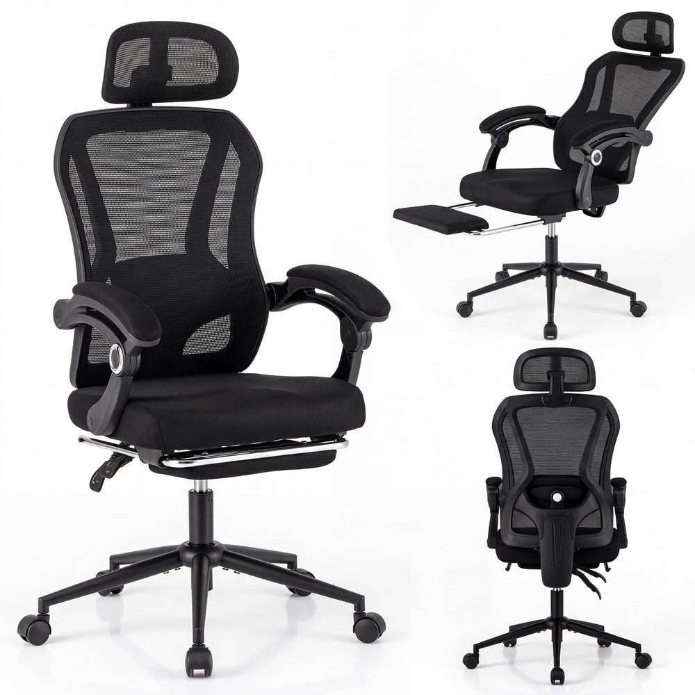 Ergonomic Mesh Office Chair with 2D Headrest and Retractable Footrest-Black