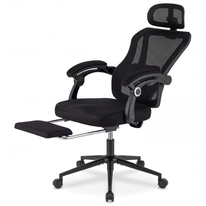 Ergonomic Mesh Office Chair with 2D Headrest and Retractable Footrest-Black