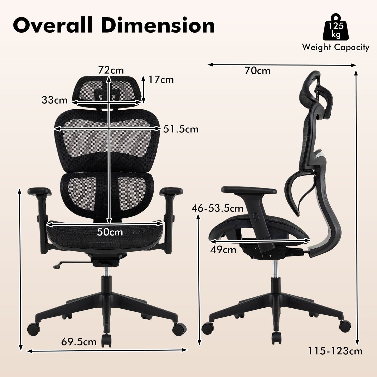 Ergonomic Mesh Office Chair with Lumbar Support & Adjustable Headrest Armrests-Black