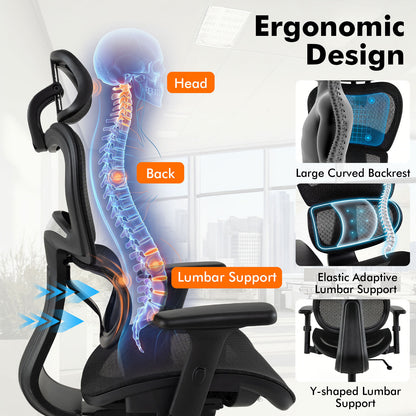 Ergonomic Mesh Office Chair with Lumbar Support & Adjustable Headrest Armrests-Black