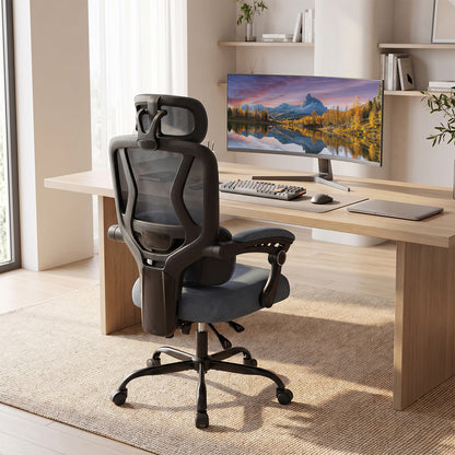 Ergonomic Office Computer Mesh Chair with High Back and Adaptive Lumbar Support-Grey