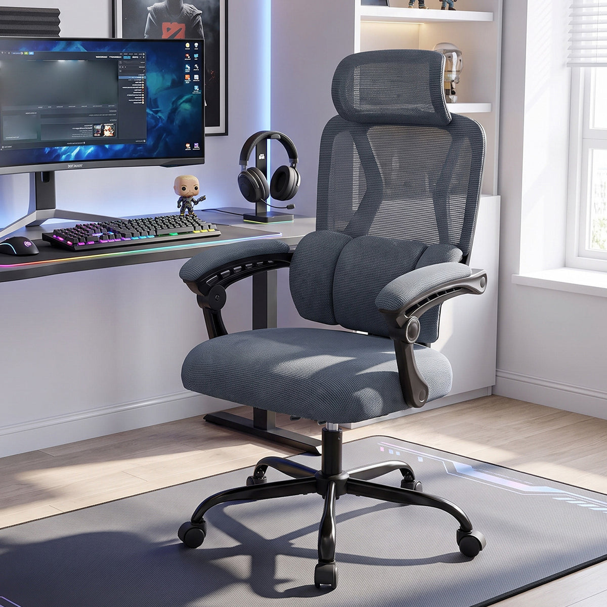 Ergonomic Office Computer Mesh Chair with High Back and Adaptive Lumbar Support-Grey