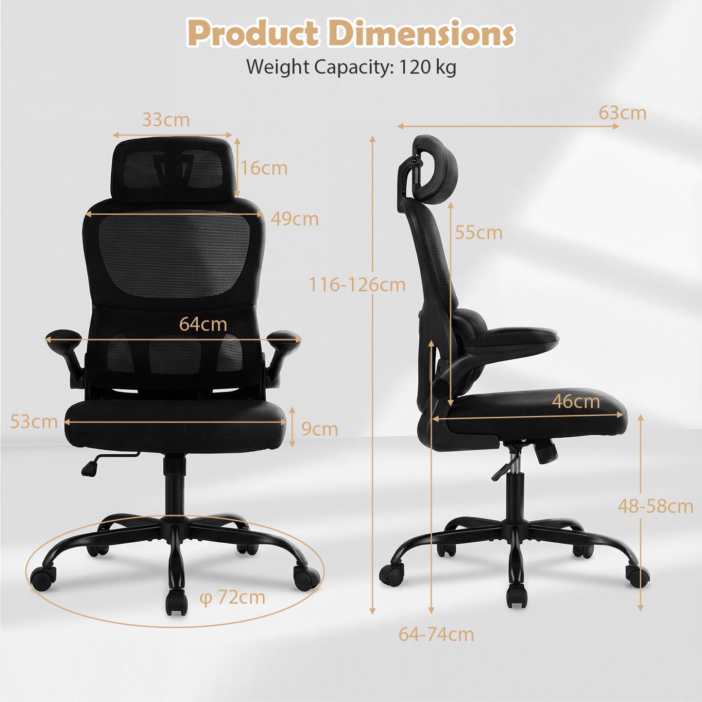 Ergonomic Office High Back Mesh with Lumber Support Adjustable Headrest-Black
