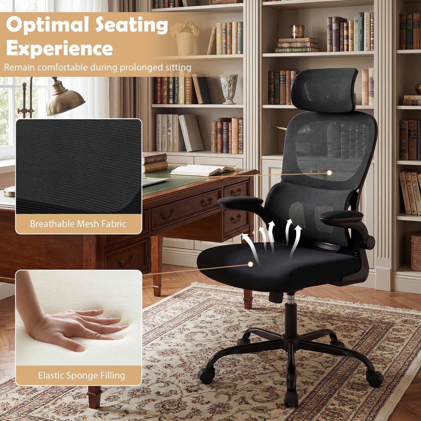 Ergonomic Office High Back Mesh with Lumber Support Adjustable Headrest-Black