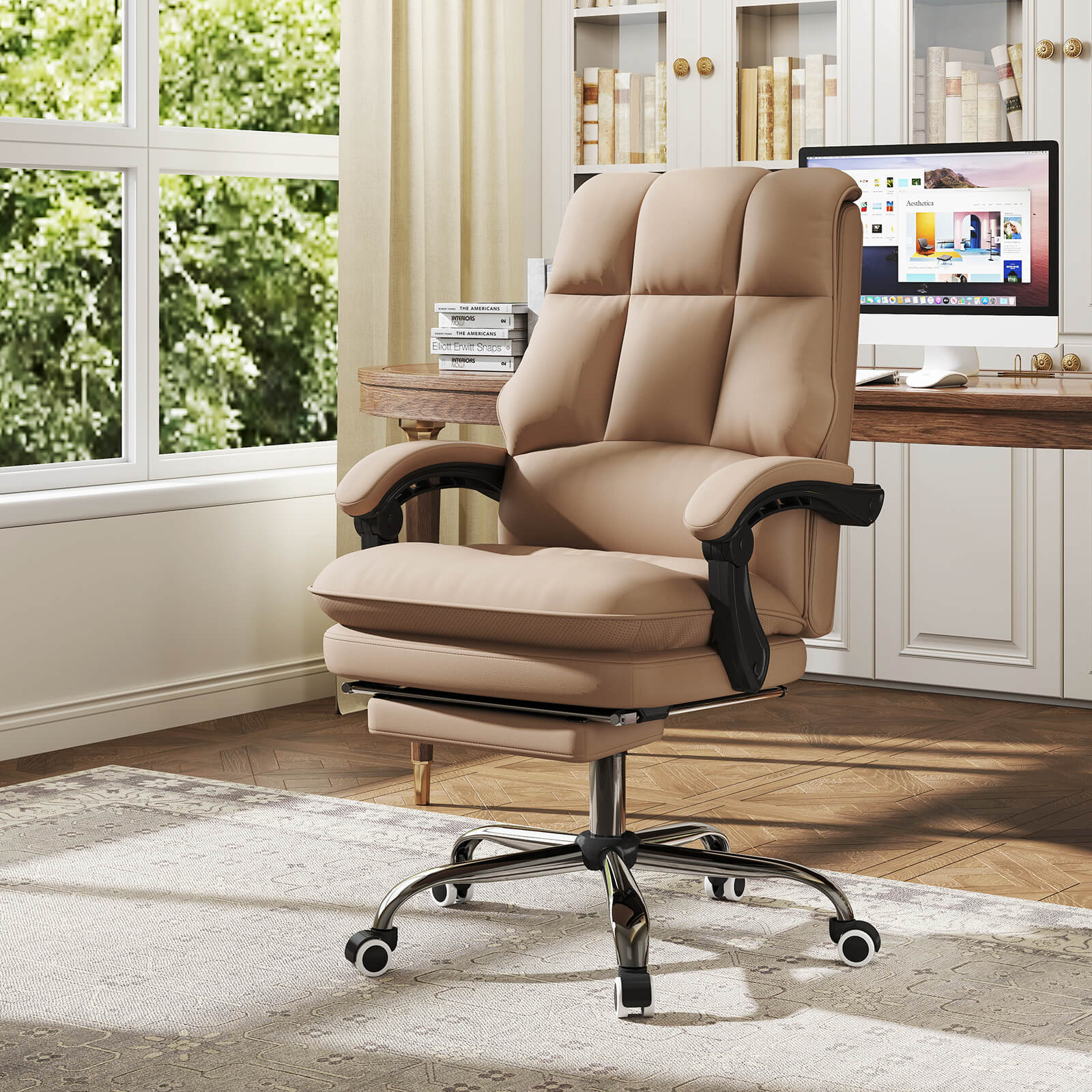 Ergonomic Office Chair PU Leather Adjustable Swivel with Reclining Backrest-Coffee