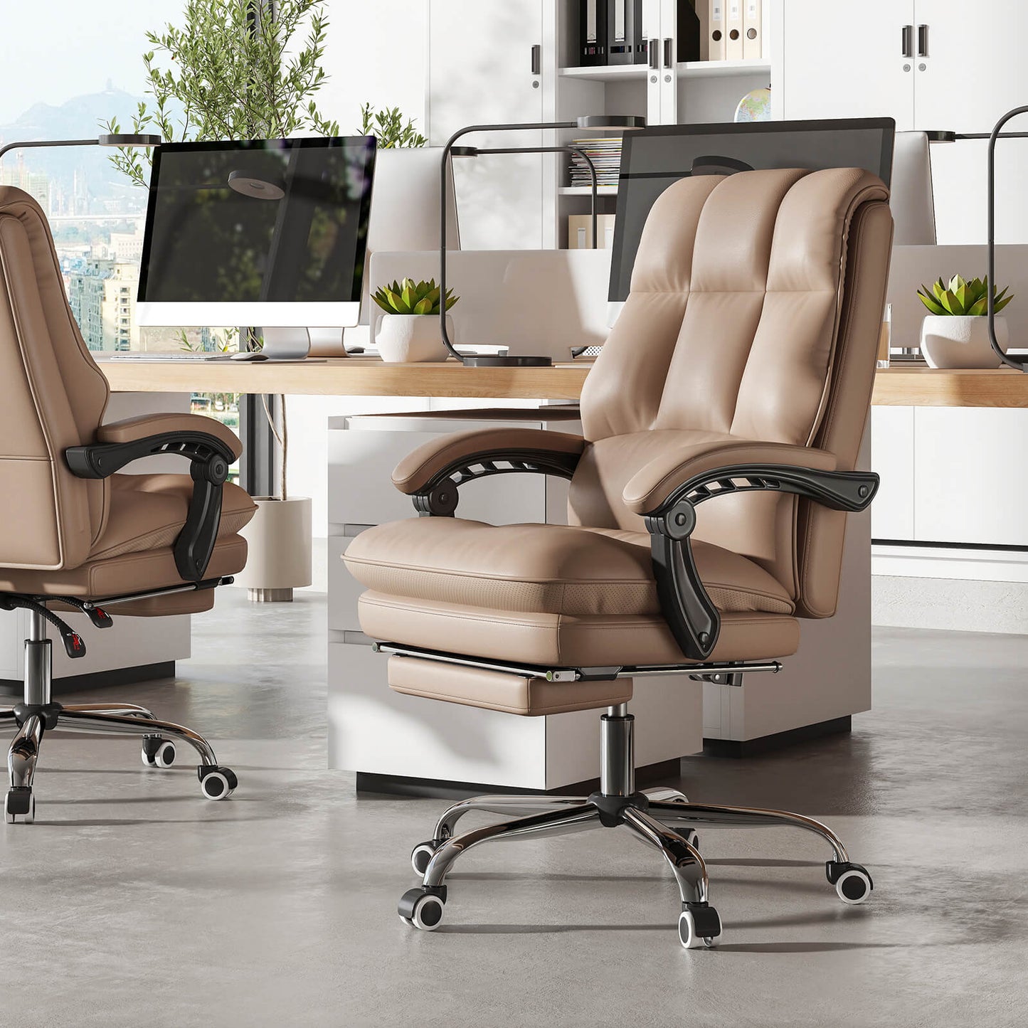Ergonomic Office Chair PU Leather Adjustable Swivel with Reclining Backrest-Coffee