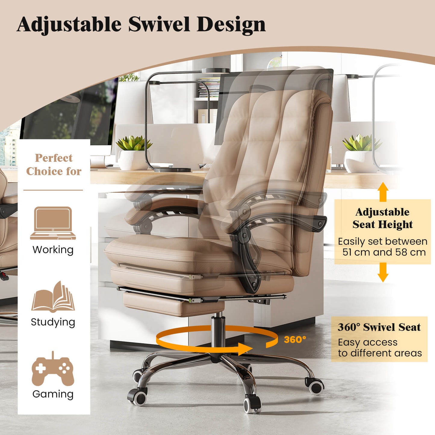 Ergonomic Office Chair PU Leather Adjustable Swivel with Reclining Backrest-Coffee