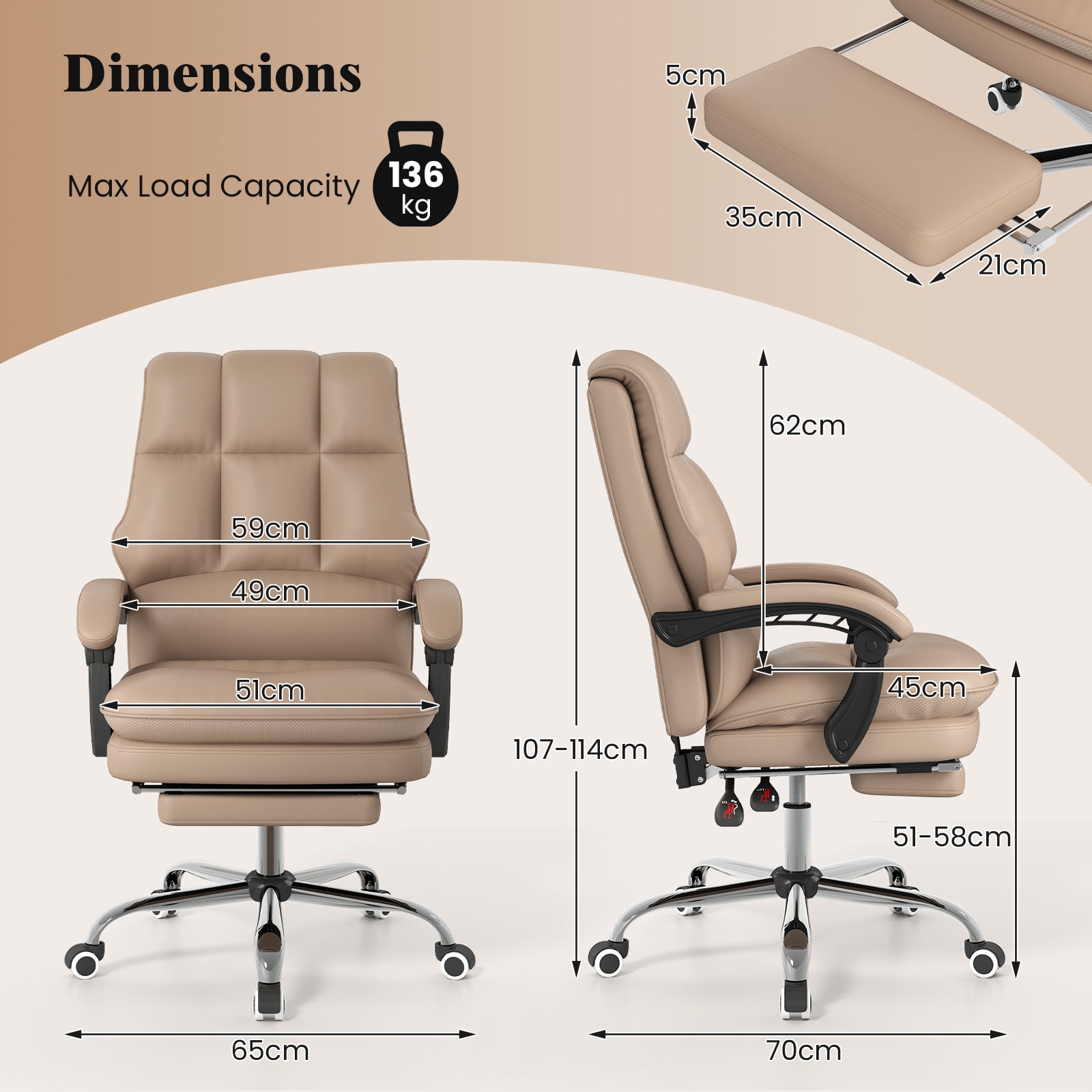 Ergonomic Office Chair PU Leather Adjustable Swivel with Reclining Backrest-Coffee