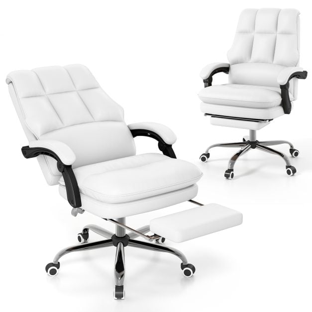 Ergonomic Office Chair PU Leather Adjustable Swivel with Reclining Backrest-White