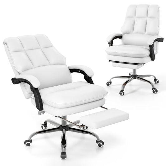 Ergonomic Office Chair PU Leather Adjustable Swivel with Reclining Backrest-White