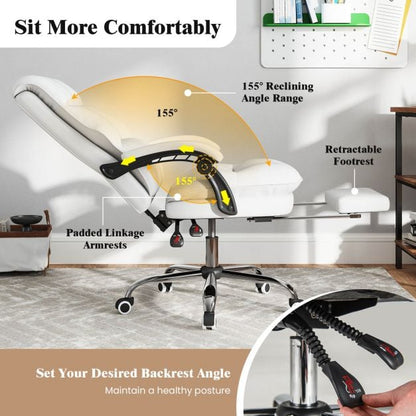 Ergonomic Office Chair PU Leather Adjustable Swivel with Reclining Backrest-White