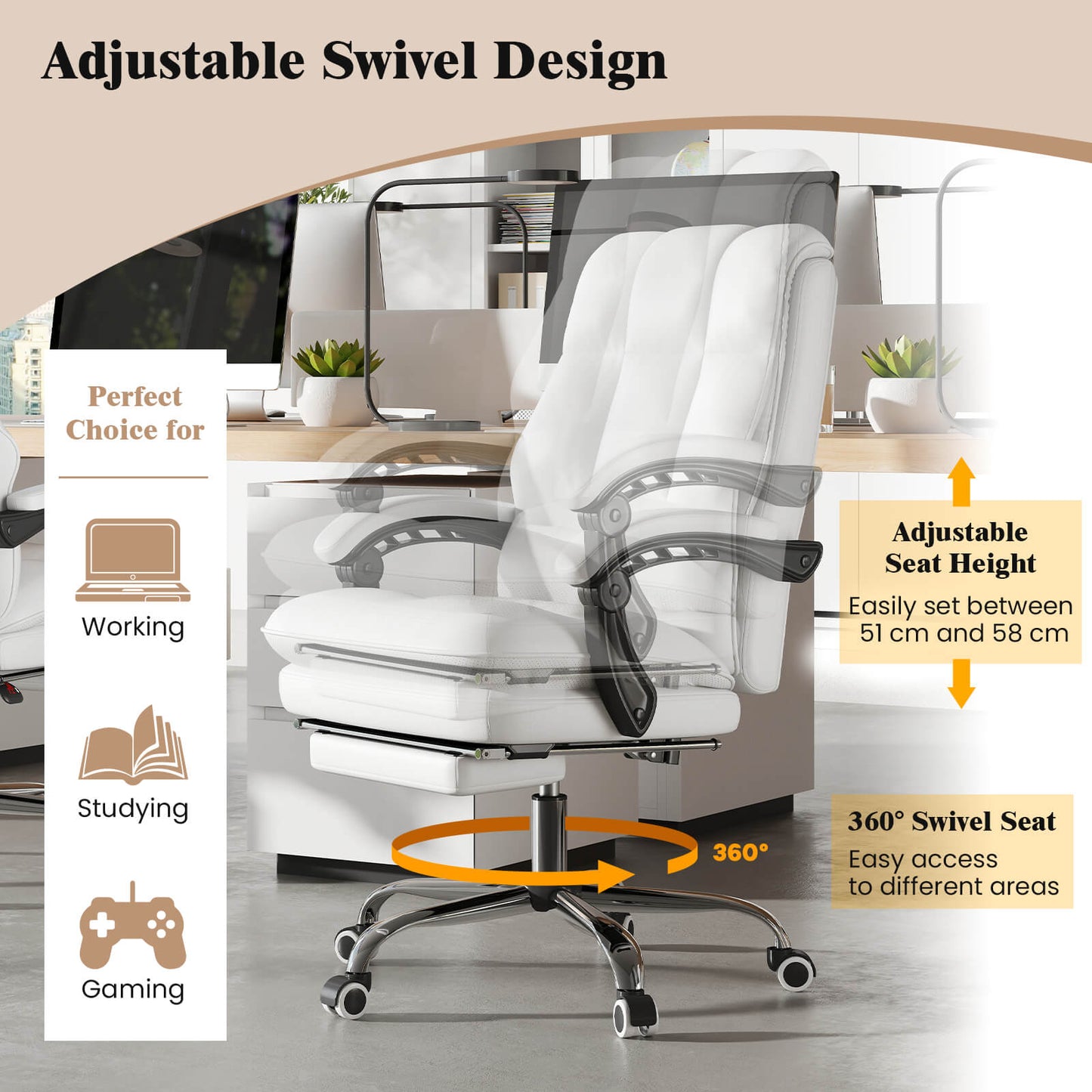 Ergonomic Office Chair PU Leather Adjustable Swivel with Reclining Backrest-White