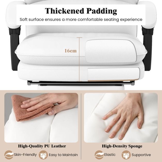 Ergonomic Office Chair PU Leather Adjustable Swivel with Reclining Backrest-White