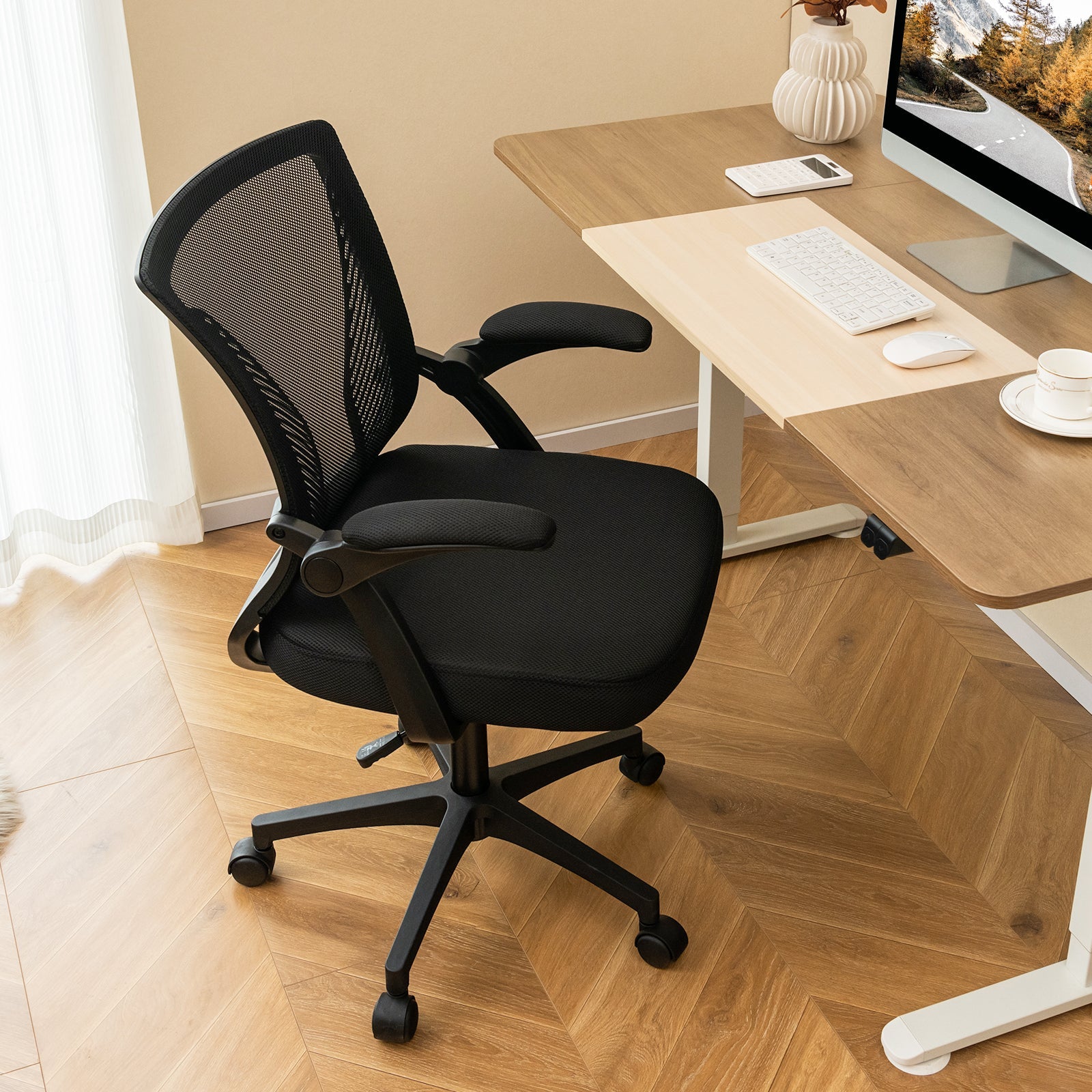 Ergonomic Office Chair Adjustable Swivel Task Chair with Flip-Up Armrests-Black