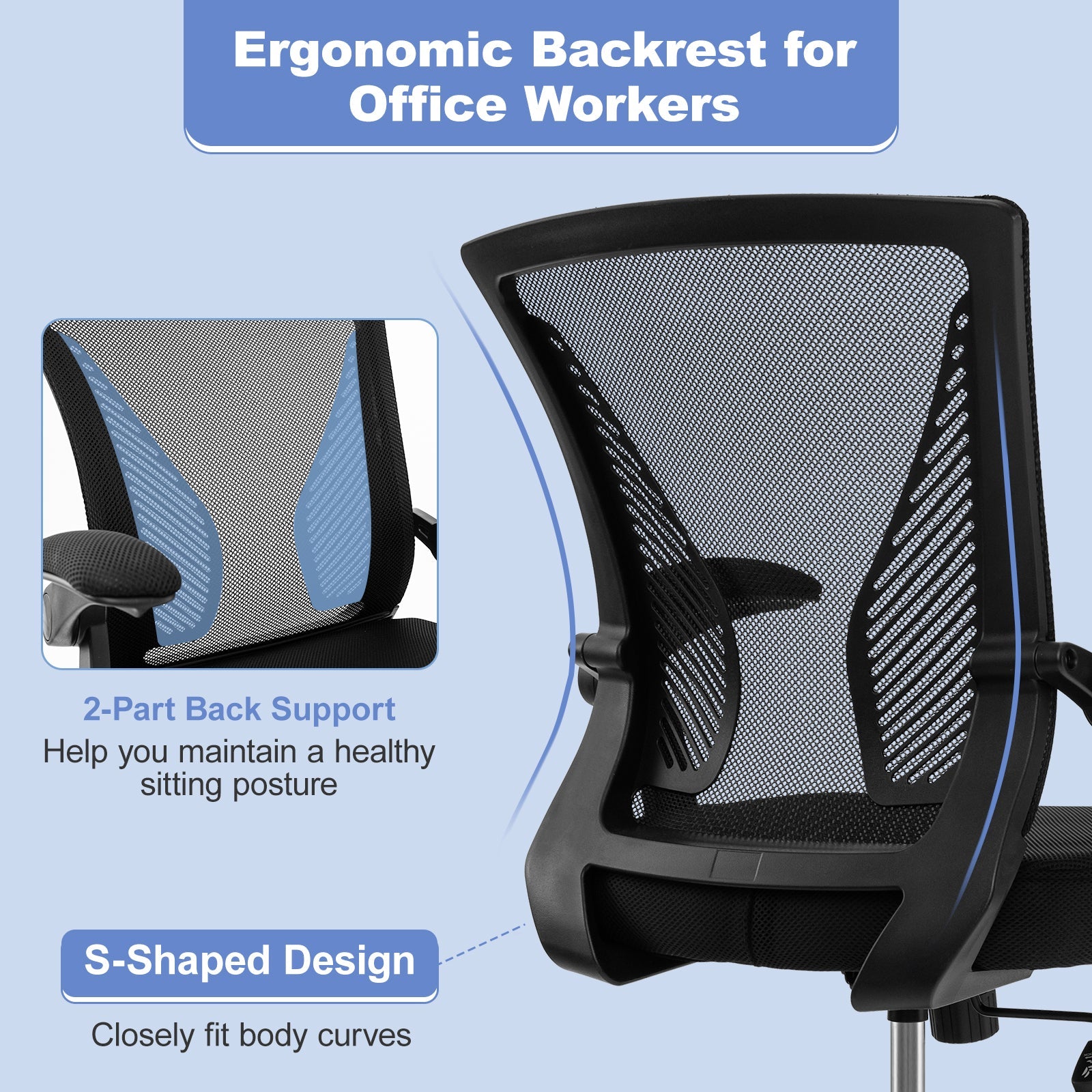 Ergonomic Office Chair Adjustable Swivel Task Chair with Flip-Up Armrests-Black