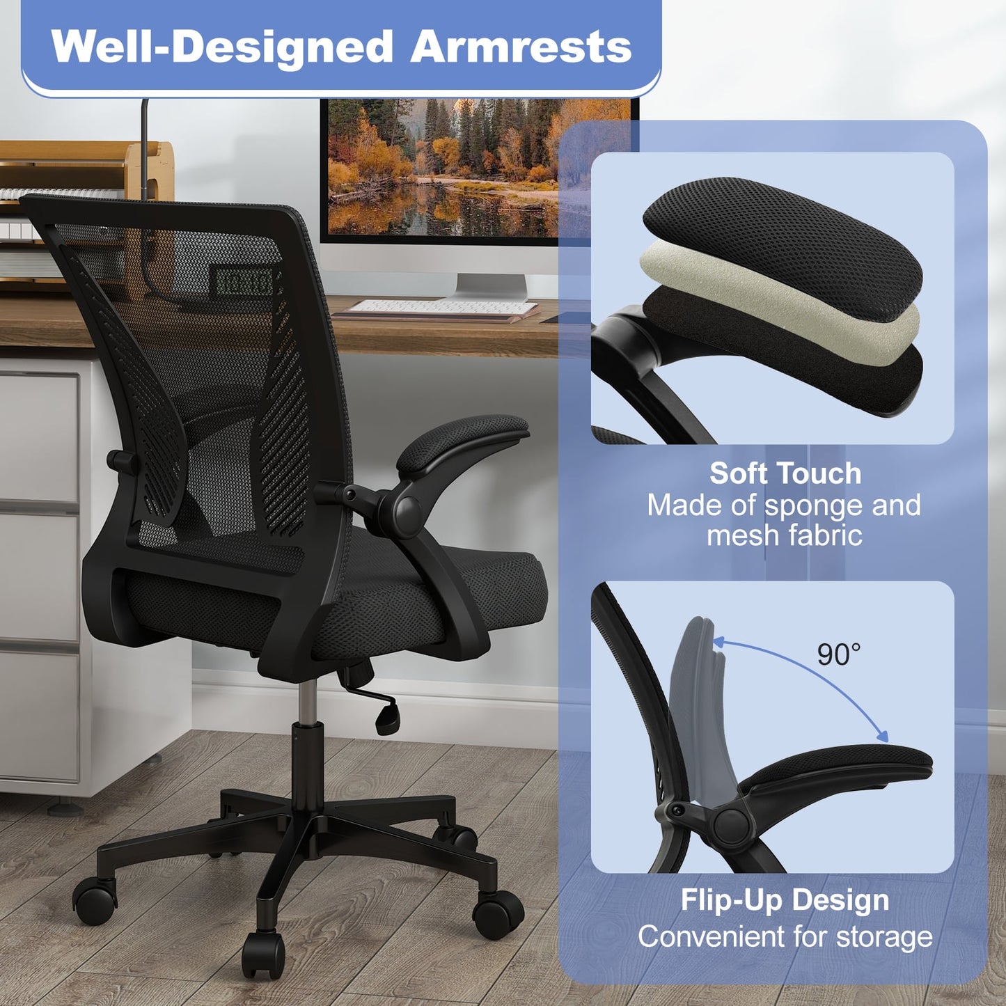 Ergonomic Office Chair Adjustable Swivel Task Chair with Flip-Up Armrests-Black