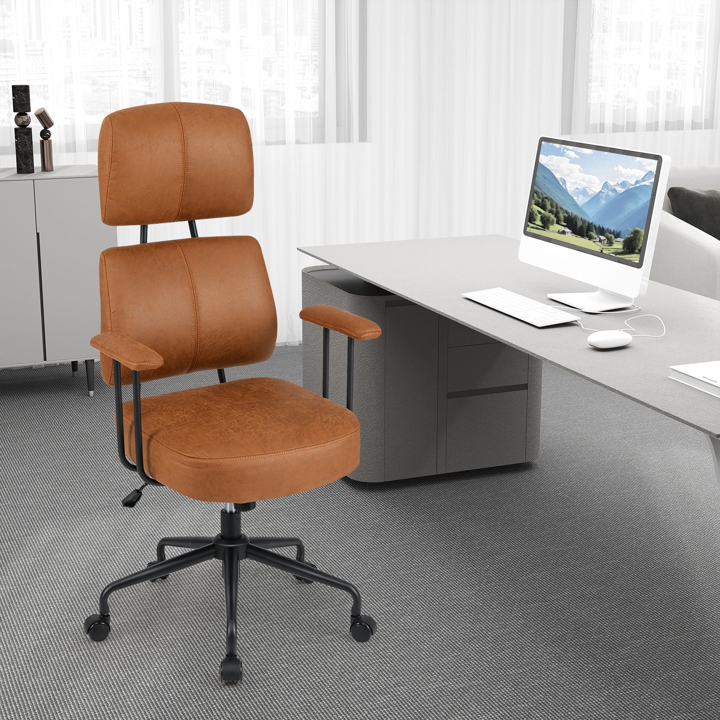 Ergonomic Office Chair with Adjustable Headrest and Spring Cushion Seat-Brown