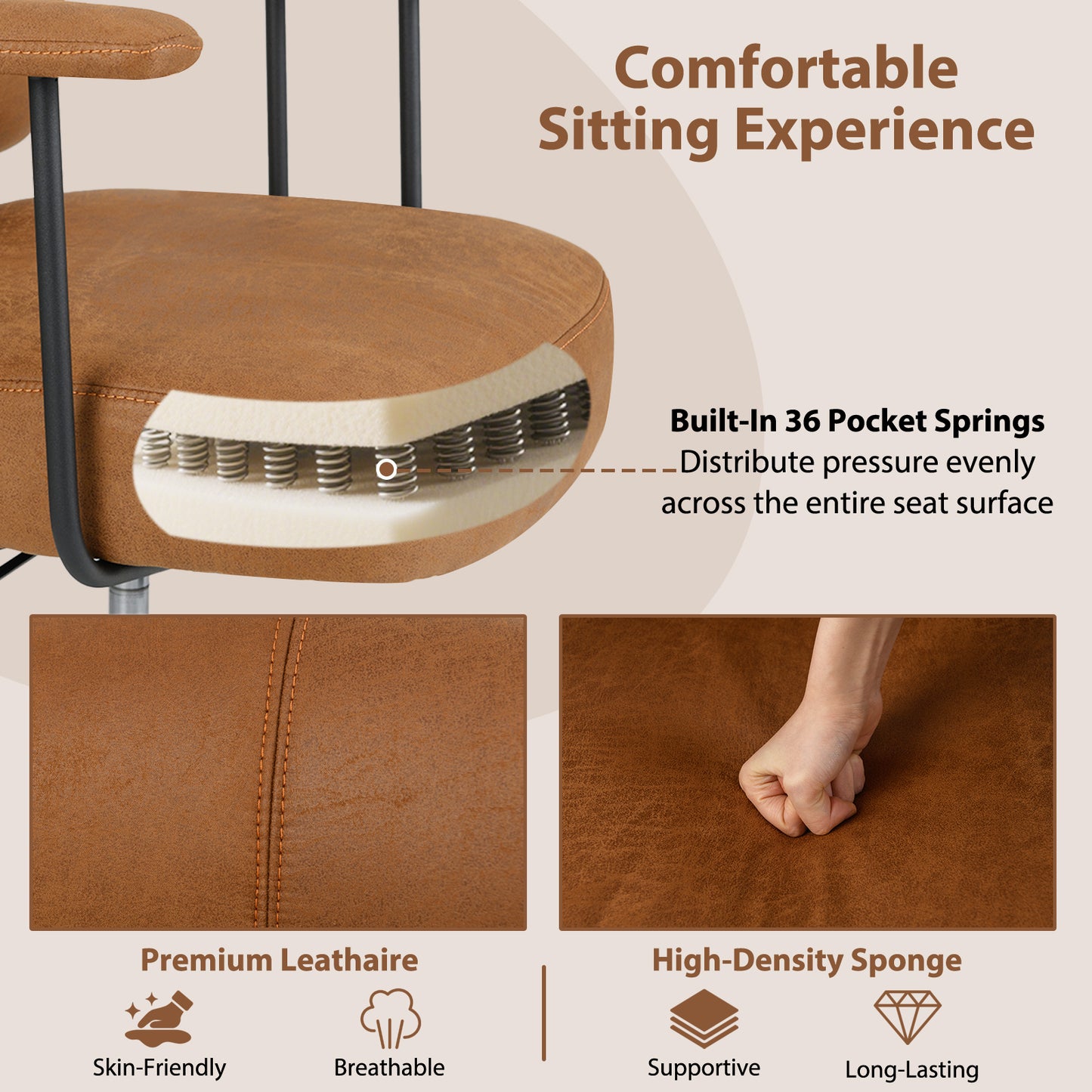Ergonomic Office Chair with Adjustable Headrest and Spring Cushion Seat-Brown