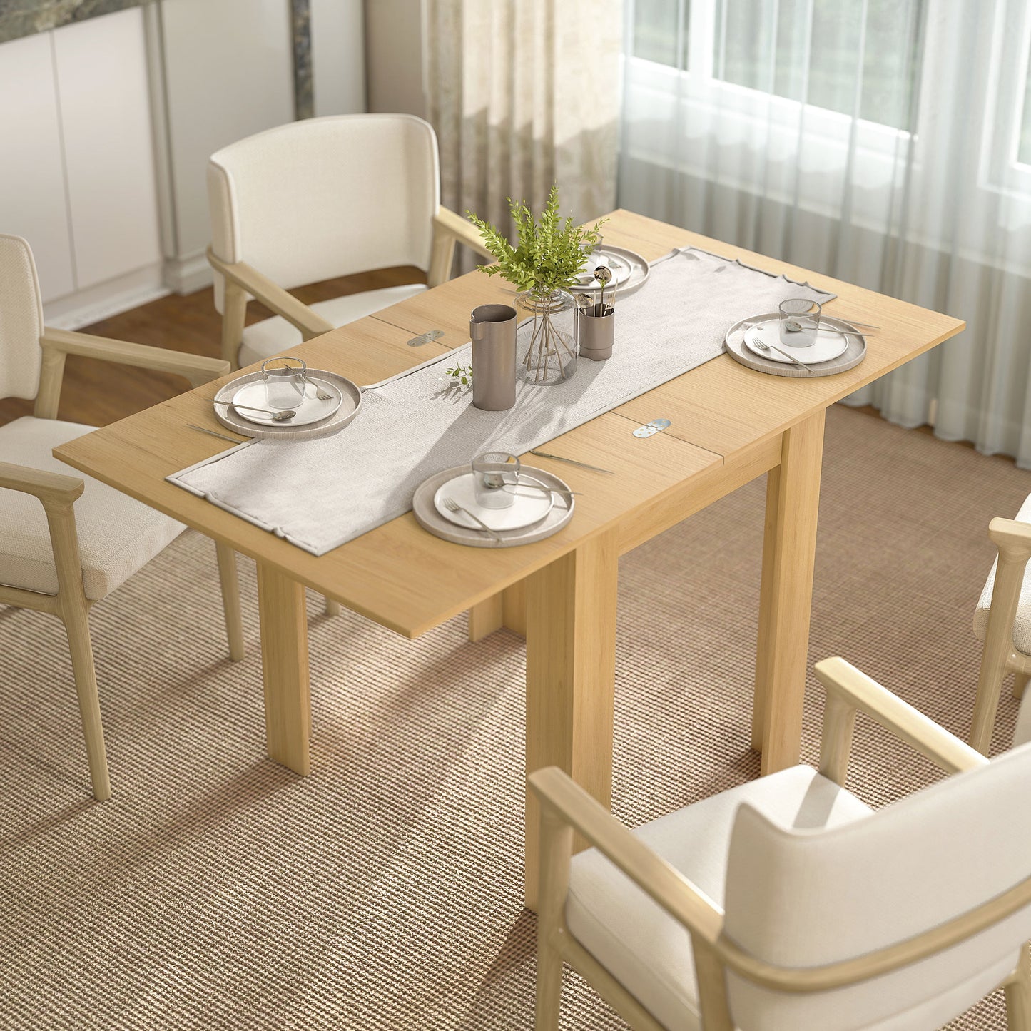 HOMCOM Extendable Rectangular Dining Table for 4 to 6 People, 70-140 cm Kitchen Table, Felt Pads, Natural Wood