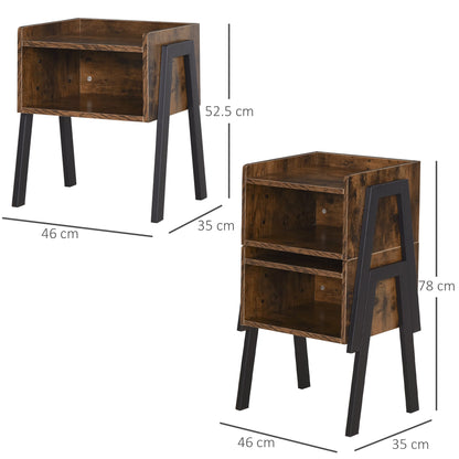 HOMCOM Bedside Table Set of 2 Industrial Nightstand Stackable End Table with Open Front Storage Compartment Retro Furniture with Metal Legs Rustic Brown