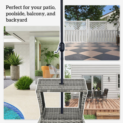 Outsunny Outdoor Patio Rattan Wicker Coffee Table Bistro Side Table w/ Umbrella Hole and Storage Space, Grey