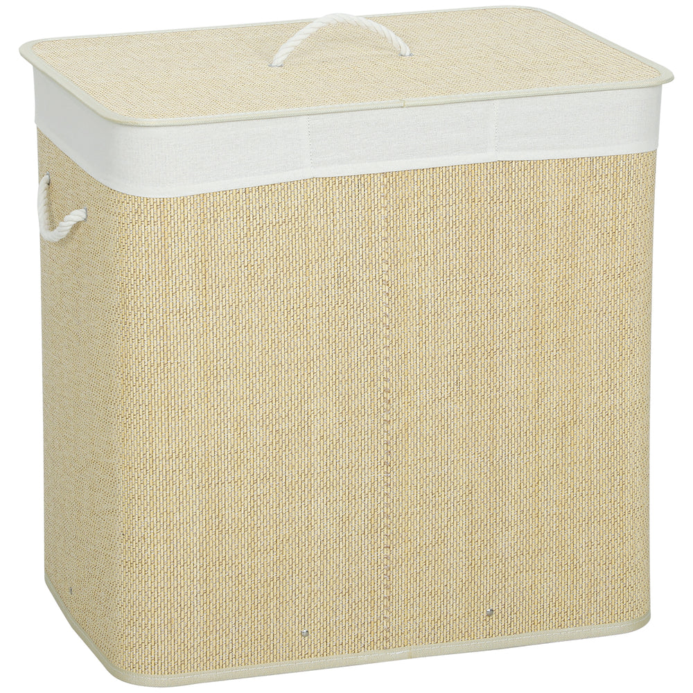 HOMCOM 3 Section Laundry Basket with Lid, 144L Bamboo Laundry Hamper with Handles, Removable and Washable Liner, Cream White