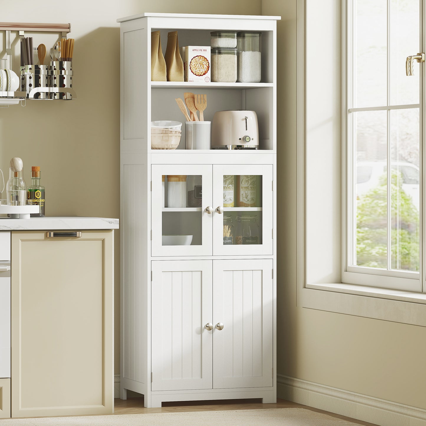HOMCOM Freestanding Kitchen Cupboard, 4-Door Storage Cabinet with Adjustable Shelf and Glass Doors for Dining Room, Living Room, White