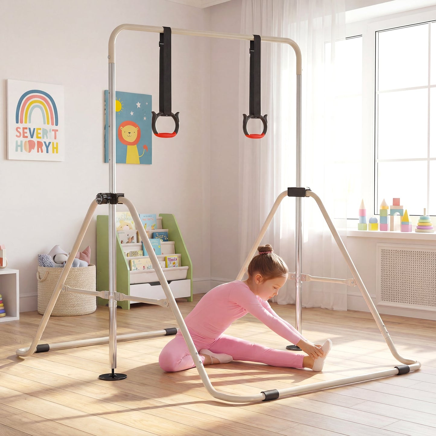 Expandable Gymnastic Bar for Kids 4-Level Height Adjustable Gymnastic Bar-Beige