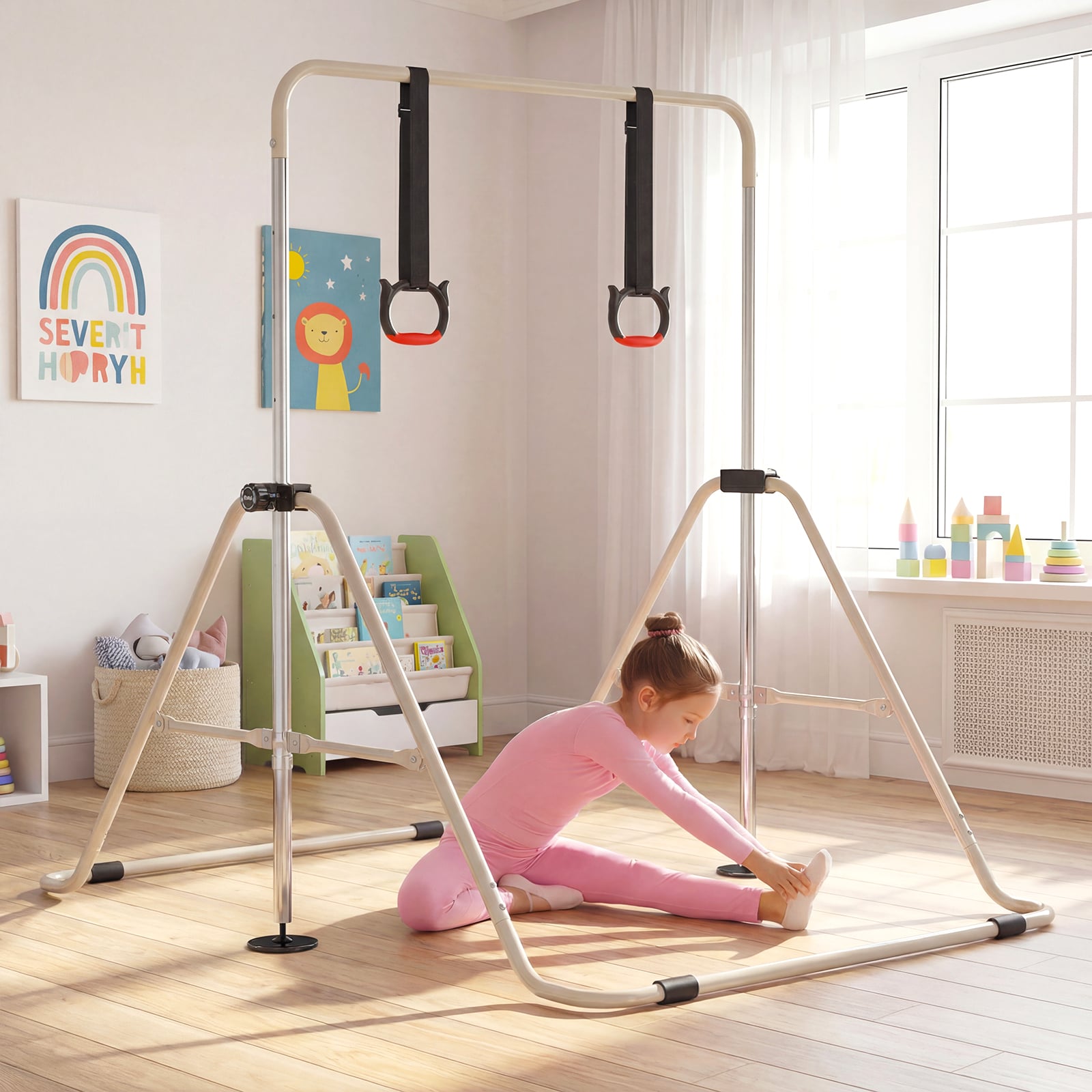 Expandable Gymnastic Bar for Kids 4-Level Height Adjustable Gymnastic Bar-Beige
