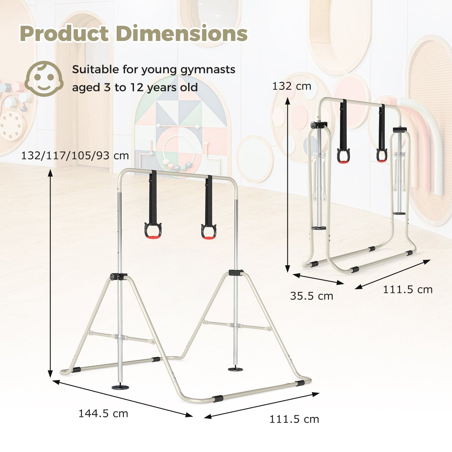 Expandable Gymnastic Bar for Kids 4-Level Height Adjustable Gymnastic Bar-Beige