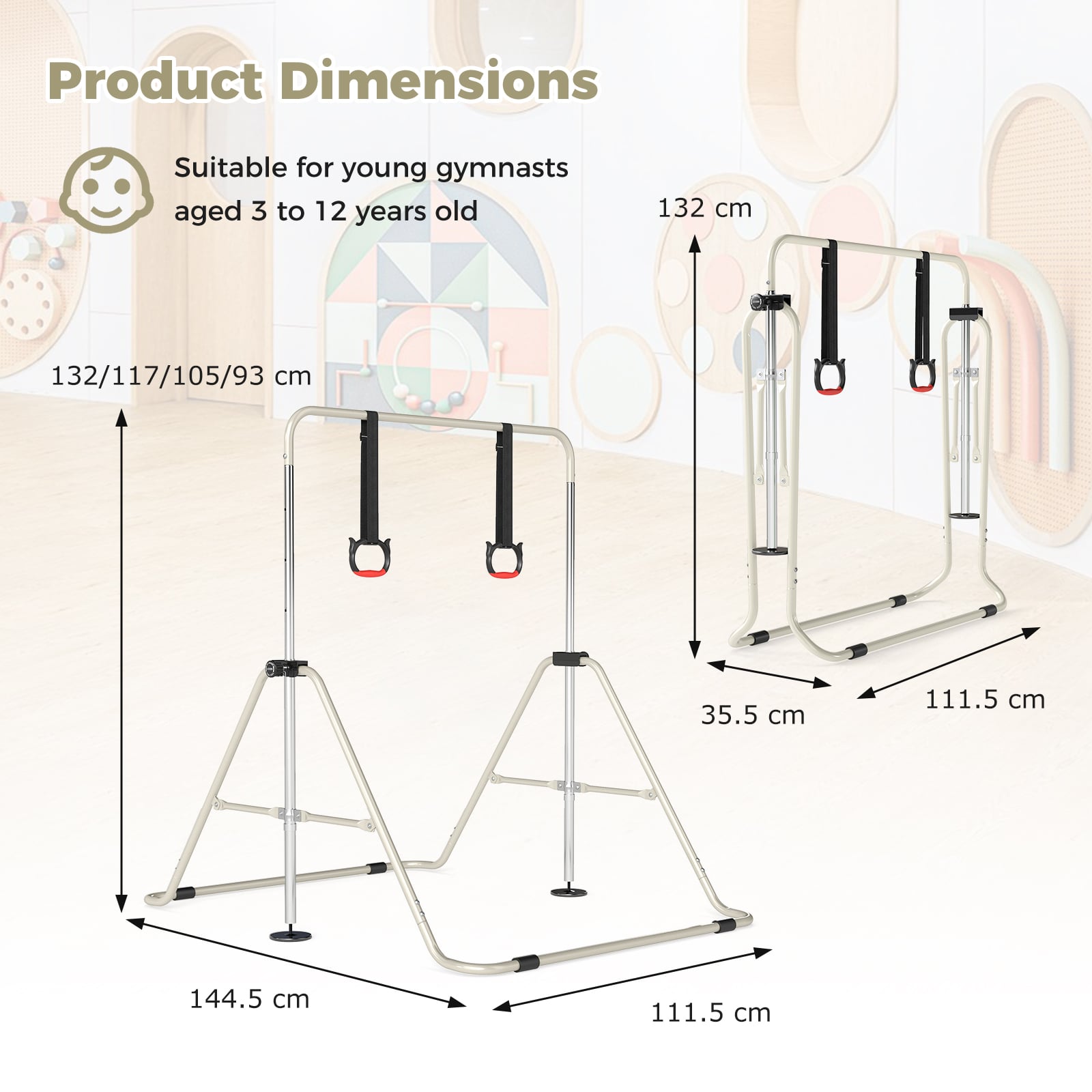 Expandable Gymnastic Bar for Kids 4-Level Height Adjustable Gymnastic Bar-Beige