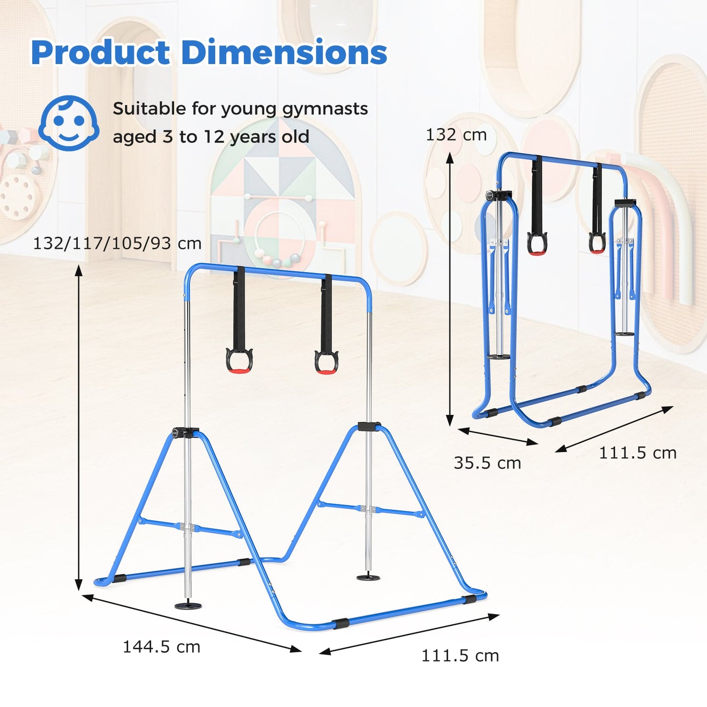 Expandable Gymnastic Bar for Kids 4-Level Height Adjustable Gymnastic Bar-Navy