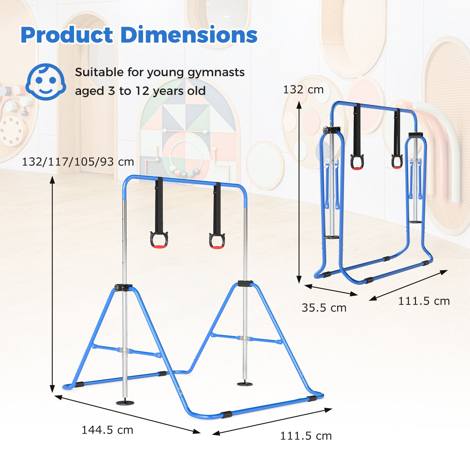 Expandable Gymnastic Bar for Kids 4-Level Height Adjustable Gymnastic Bar-Navy