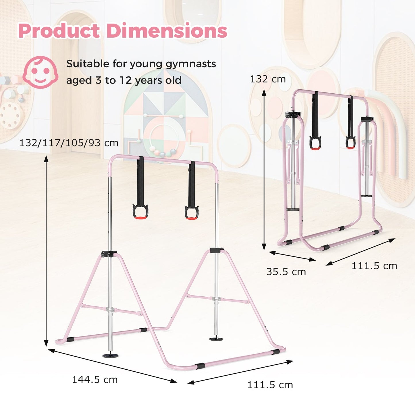 Expandable Gymnastic Bar for Kids 4-Level Height Adjustable Gymnastic Bar-Pink