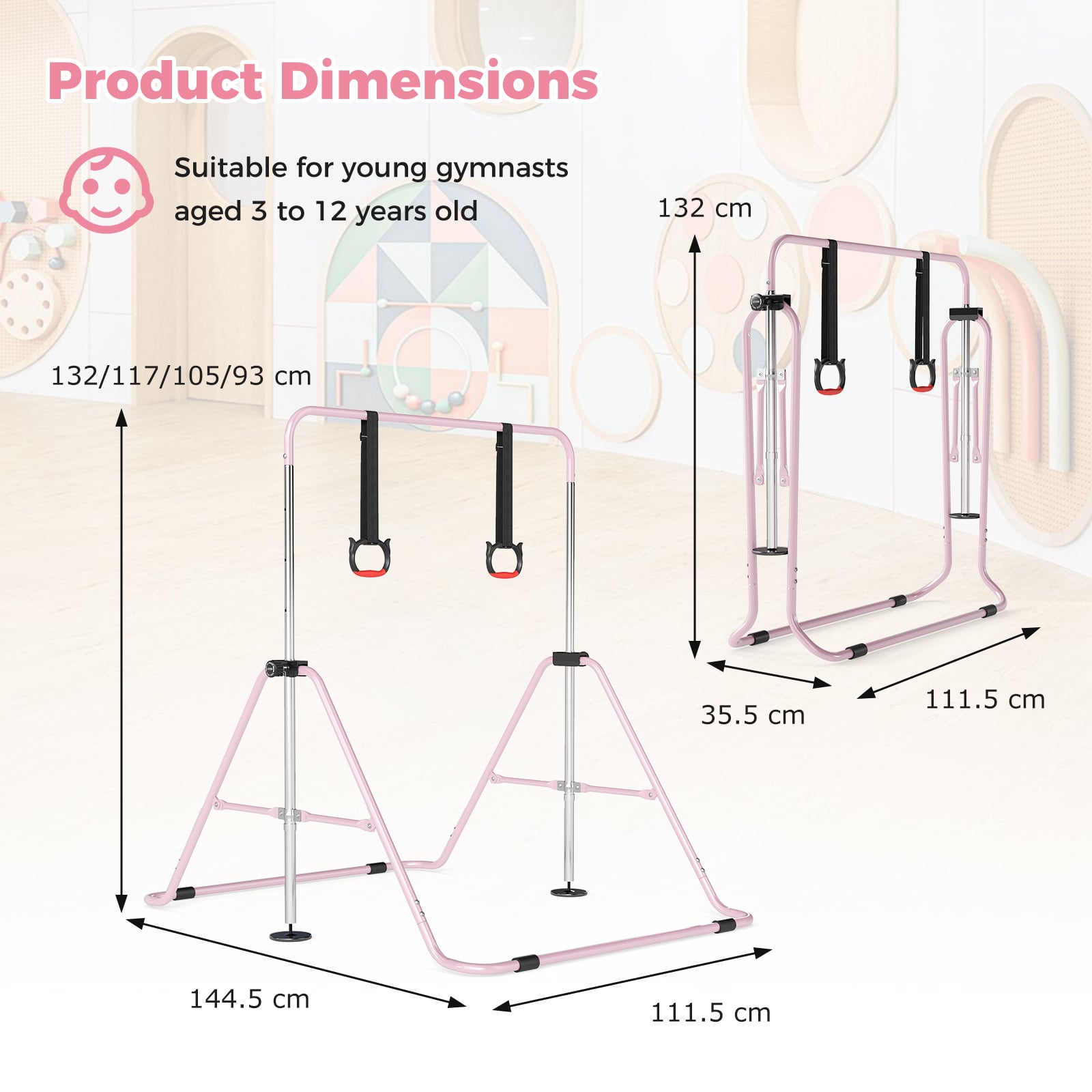 Expandable Gymnastic Bar for Kids 4-Level Height Adjustable Gymnastic Bar-Pink