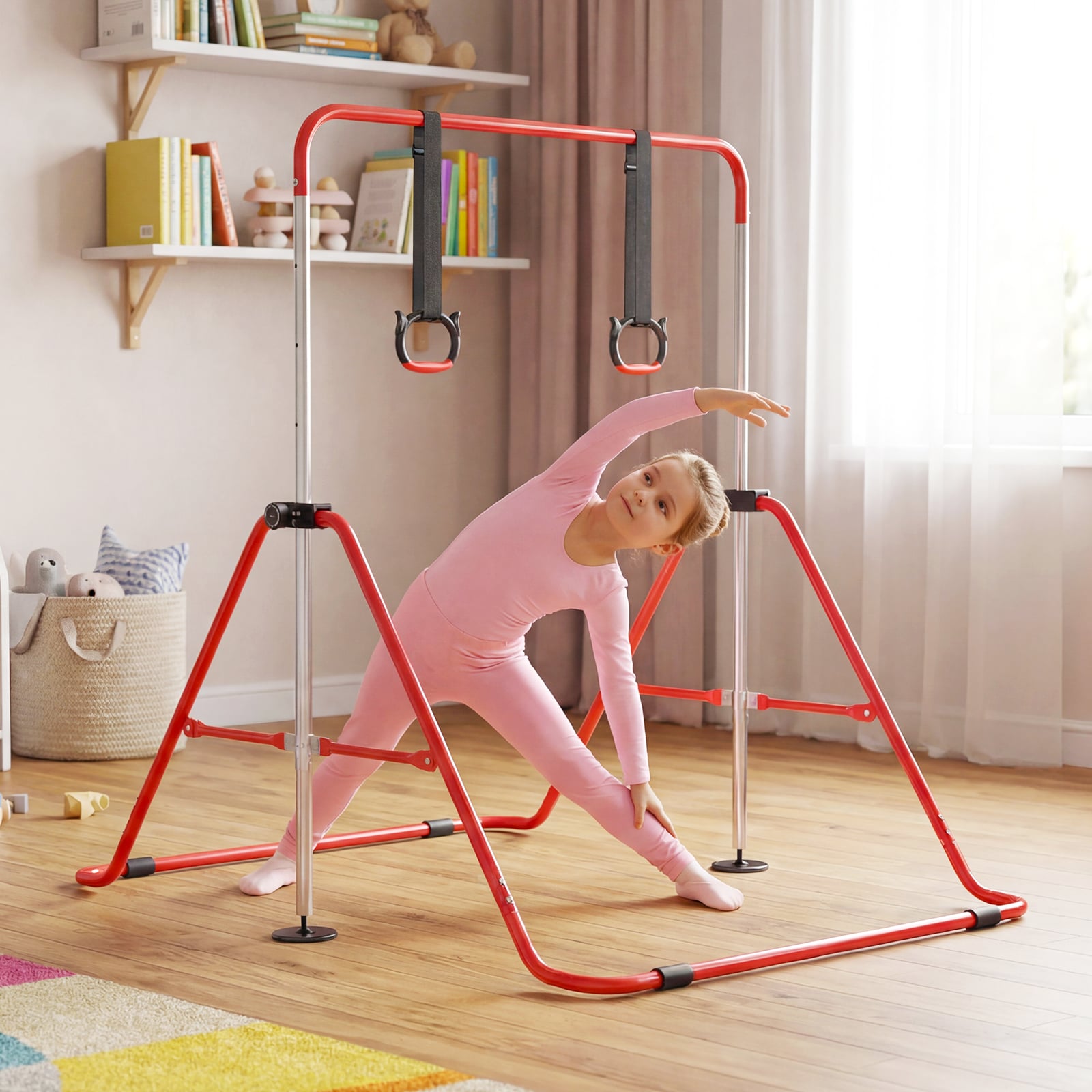 Expandable Gymnastic Bar for Kids 4-Level Height Adjustable Gymnastic Bar-Red