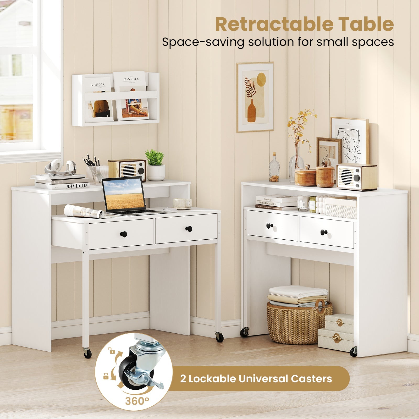 Extendable Computer Desk with 2 Storage Drawers Convertible Home Office Desk -White