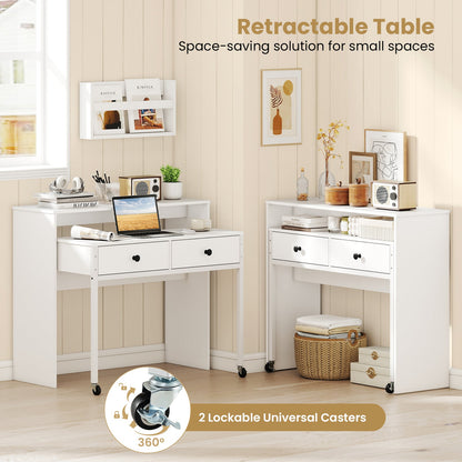 Extendable Computer Desk with 2 Storage Drawers Convertible Home Office Desk -White