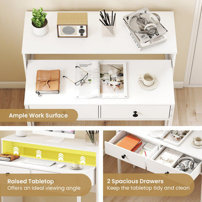 Extendable Computer Desk with 2 Storage Drawers Convertible Home Office Desk -White