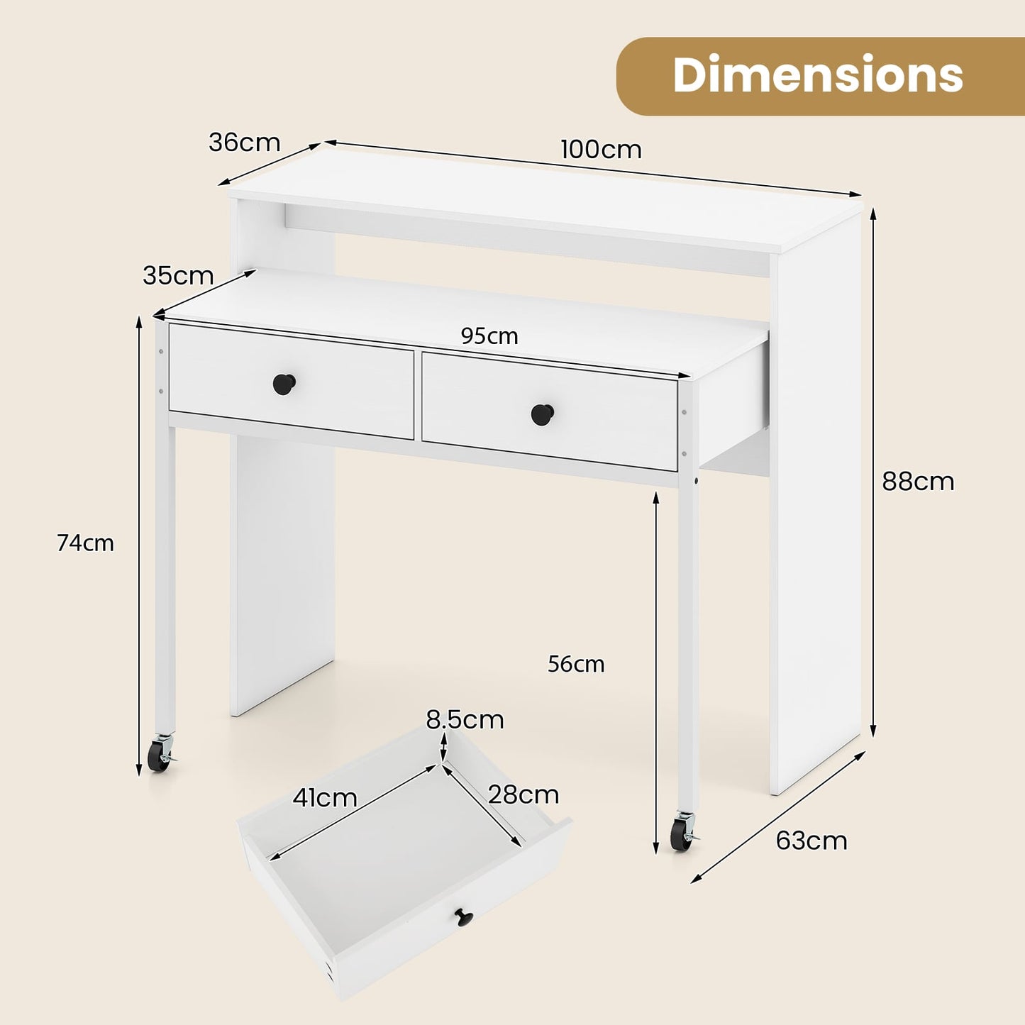 Extendable Computer Desk with 2 Storage Drawers Convertible Home Office Desk -White