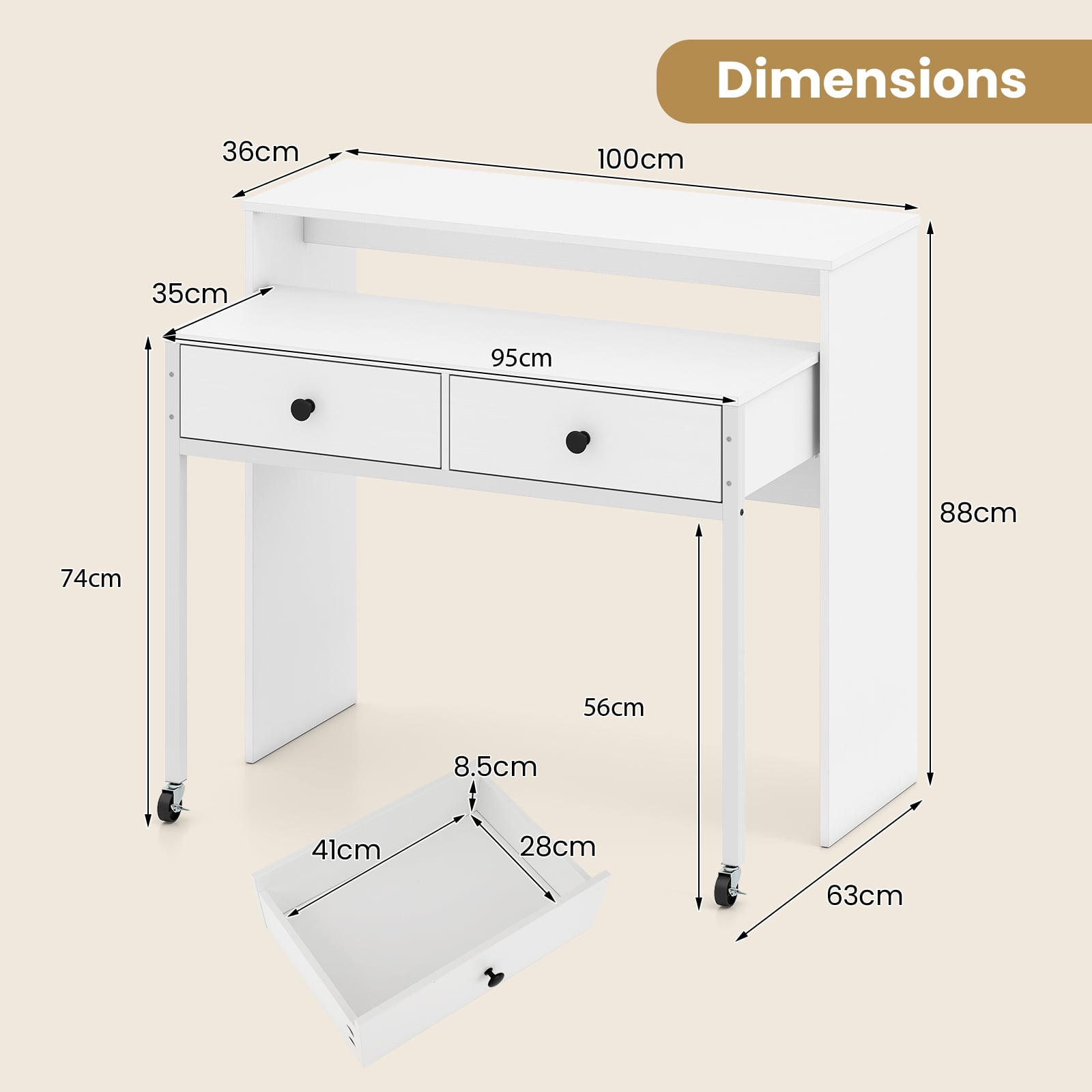 Extendable Computer Desk with 2 Storage Drawers Convertible Home Office Desk -White