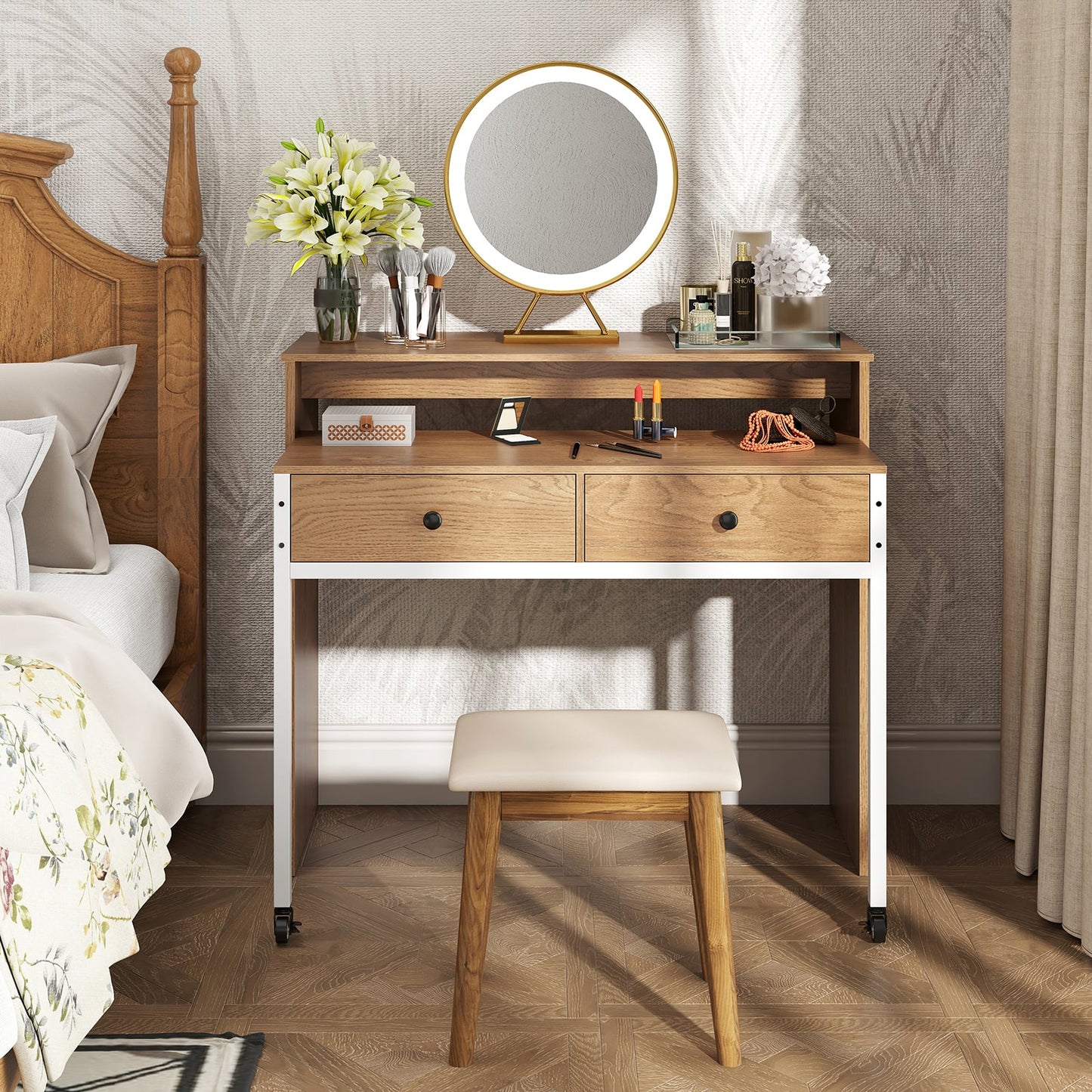 Extendable Computer Desk with 2 Storage Drawers Convertible Home Office Desk -Natural