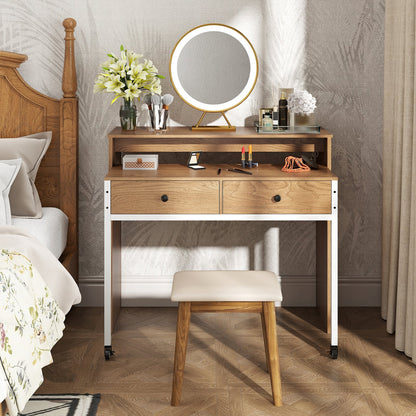 Extendable Computer Desk with 2 Storage Drawers Convertible Home Office Desk -Natural
