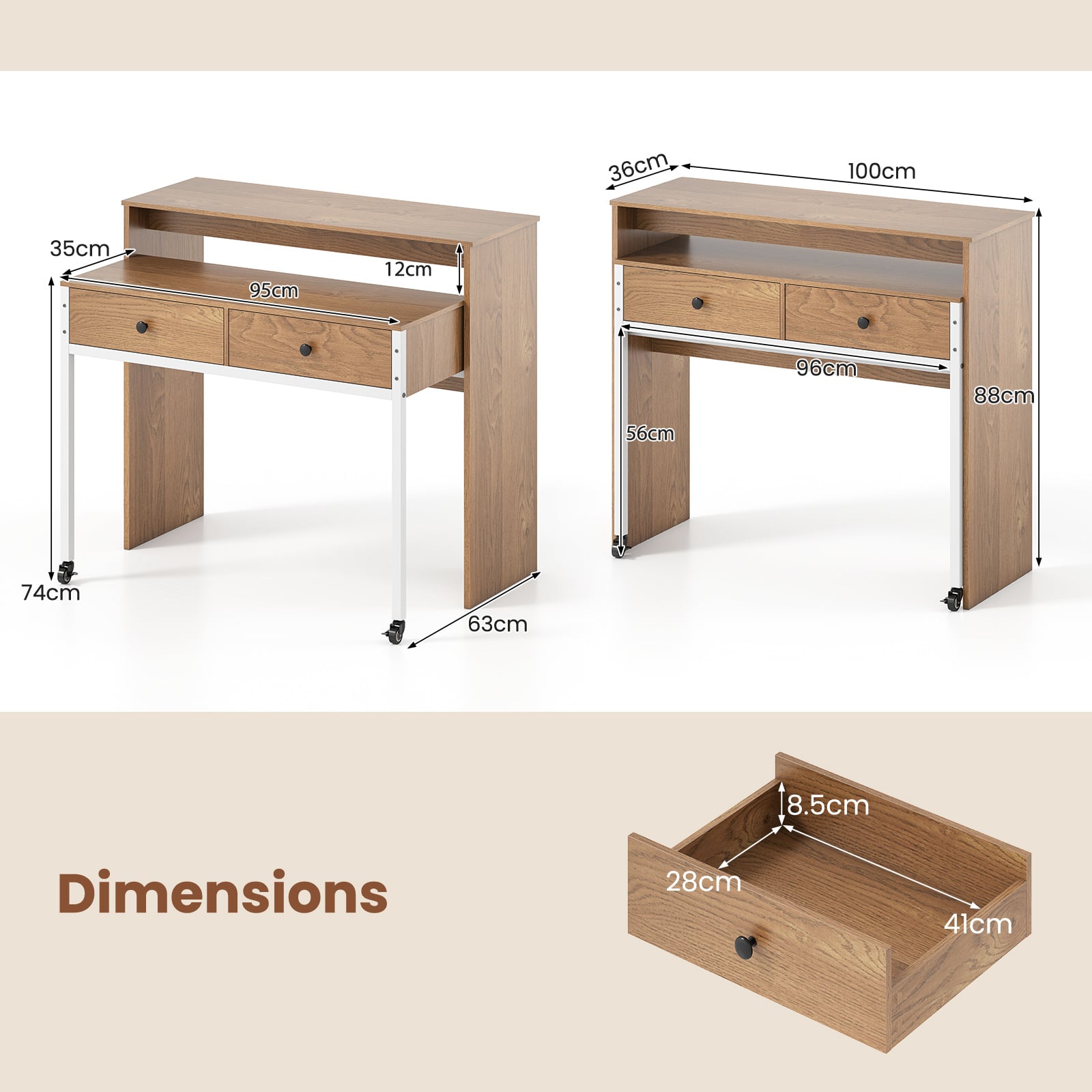 Extendable Computer Desk with 2 Storage Drawers Convertible Home Office Desk -Natural