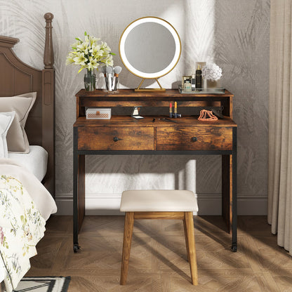 Extendable Computer Desk with 2 Storage Drawers Convertible Home Office Desk -Rustic Brown