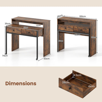 Extendable Computer Desk with 2 Storage Drawers Convertible Home Office Desk -Rustic Brown