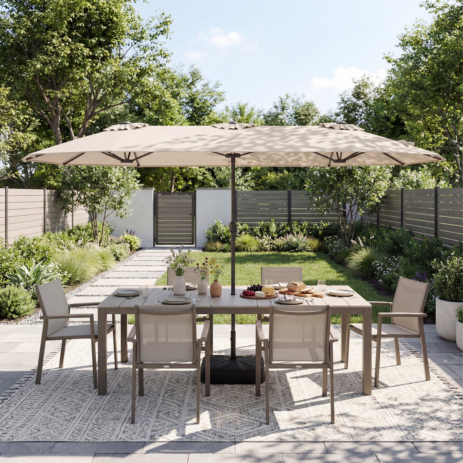 Extra Large Double-Sided Patio Umbrella Twin with Fillable Base-Beige