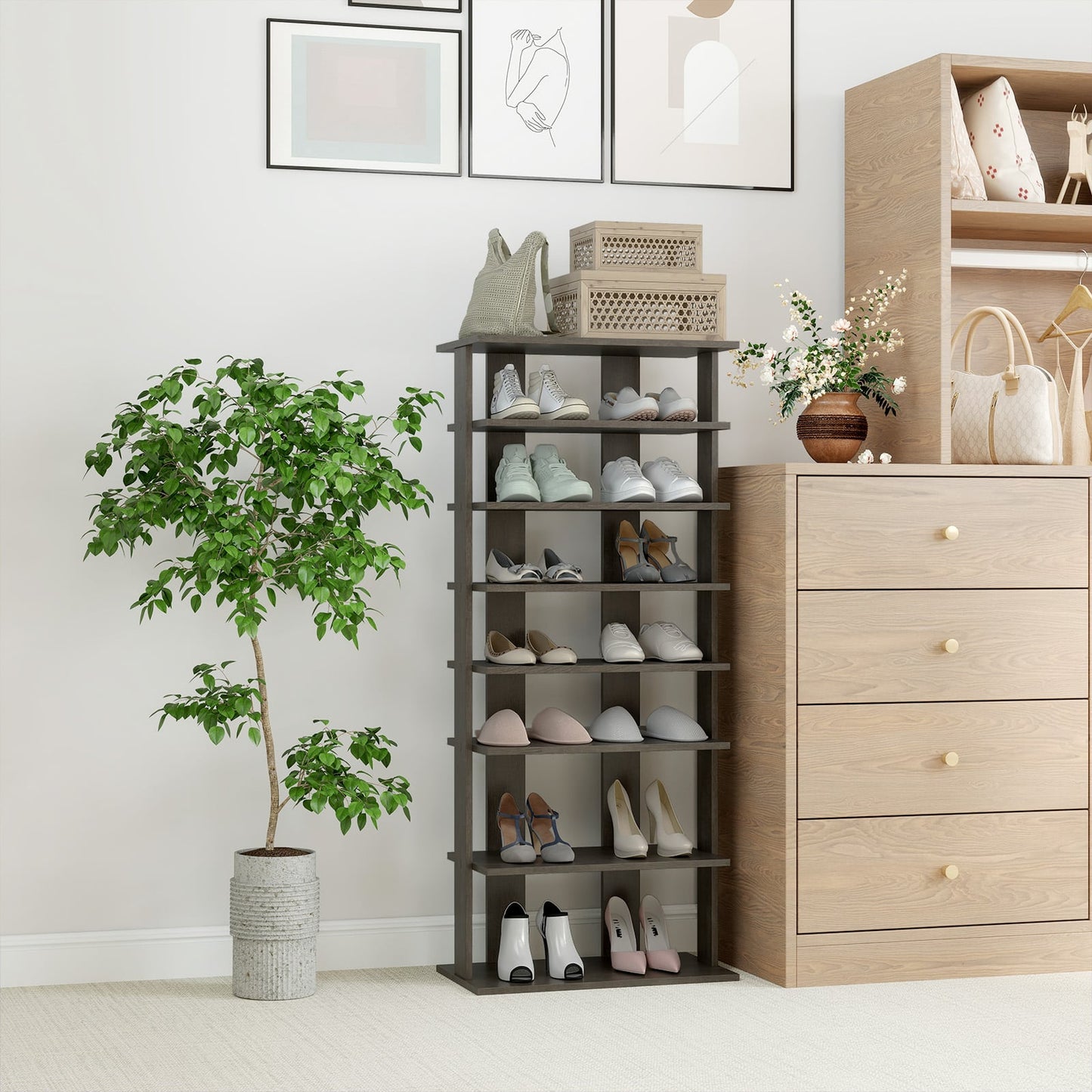 Extra Wide Wooden Vertical Shoe Rack with 7 Shelves-Grey