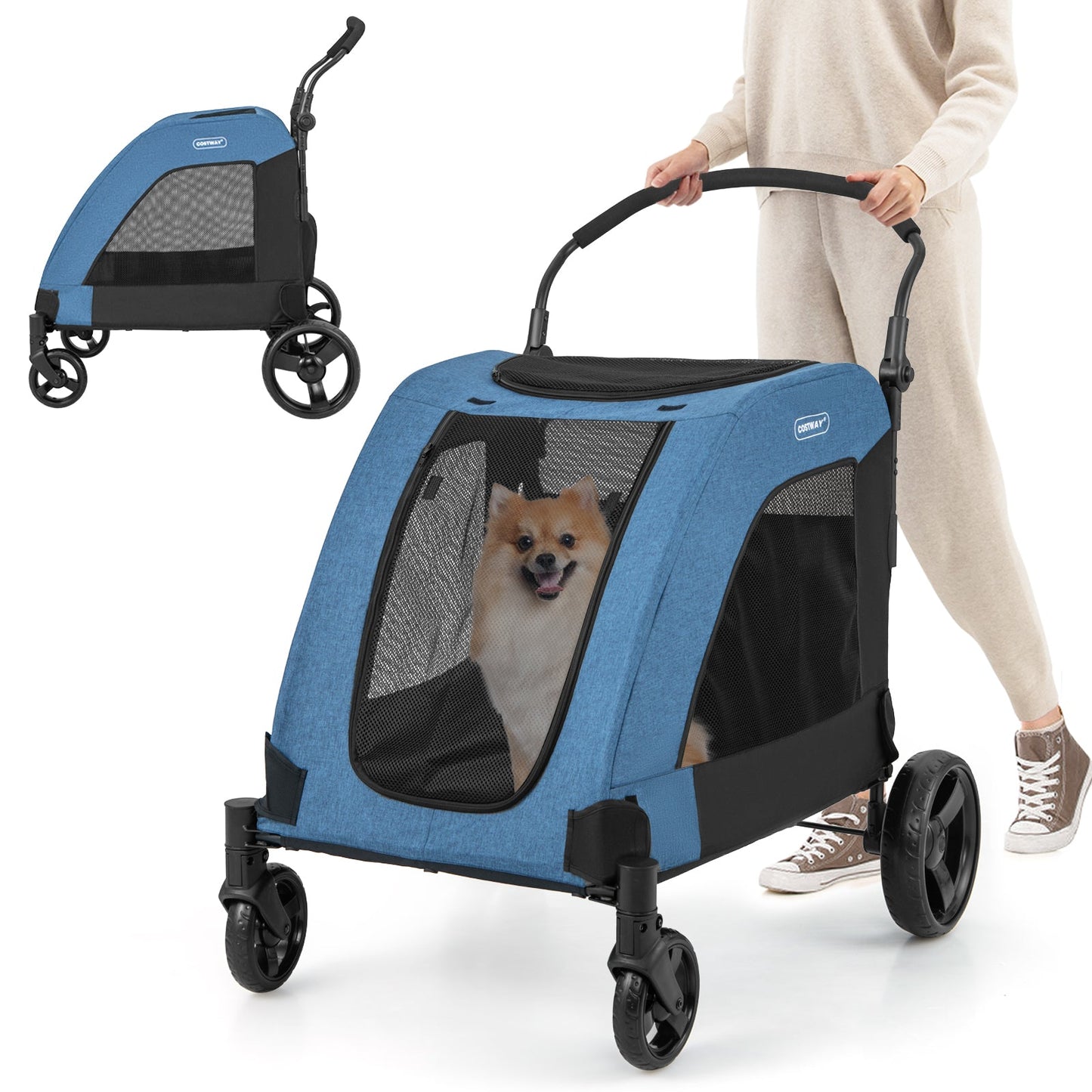 Extra Large Dog Stroller Foldable Pet Stroller with Dual Entry-Blue